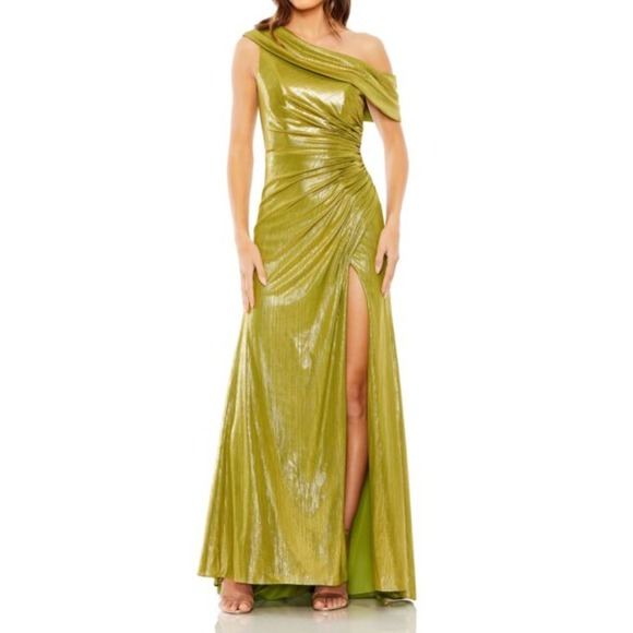 NWT Ieena Mac Duggal Green Metallic Ruched Bodice Boned Column Gown Dress Slit 8 - Picture 1 of 10